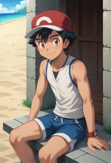 score_9, score_8_up, score_7_up, source_anime, highly detailed, 1boy, solo, male_focus, slender, skinny, cute, 
1boy, male focus, hat, brown eyes,  smile, outdoors, black hair, day, closed mouth, sleeveless, shirt, short pants, bare foot,
simple background, sitting,