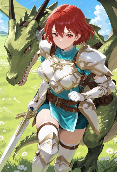 SmoothNoob_Quality,masterpiece,outdoors,field,full_body,1girl,1other,solo,large breasts BREAK wyvern rider,knight,green dragon,dragon wing,breastplate,shoulder armor,pegasus knight uniform \(fire emblem\),<lora:wyvern rider-NAI:0.9>,<lora:NOOB_vp1_detailer_by_volnovik_v1:1>,holding sword,smile,