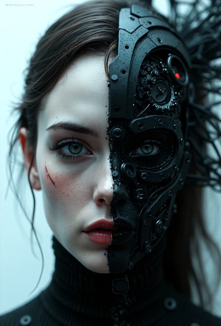 imaginative dark gothic fantasy concept art,bleak,vibrant immersive woman's face split in half,left side is pale skin brightly lit,right side is dark cybernetic cyborg,approaching perfection,dynamic,highly detailed,smooth,sharp focus,art by Carne Griffiths and Wadim Kashin,trending on artstation,sharp focus,intricate details,highly detailed,by greg rutkowski,mysterious,epic,cinematic,create a photo realistic image that the viewer has never envisioned before,the image should demonstrate extreme creativity,imaginative,bold,inspiring,original in subject,original in style,amazing composition,intricately detailed,absurdly complex, . embedding:EZRealPONYXL,