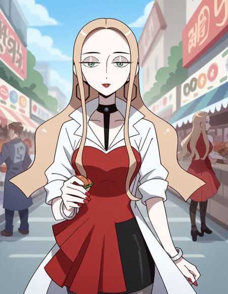 score_9, score_8_up, score_7_up, source_anime, <lora:pokemon-oleana-twilight-wings-ponyxl-lora-nochekaiser:1>, oleana, long hair, blonde hair, green eyes, makeup, half-closed eyes, red lips, forehead,, skirt, shirt, jewelry, pantyhose, earrings, choker, black skirt, bracelet, coat, black choker, blouse, red shirt, red nails, hoop earrings, white coat, grey pantyhose, street market, vendor, street food, bustling crowd, local flavor, vibrant, smile, looking at viewer, solo,, cowboy shot, dutch angle
