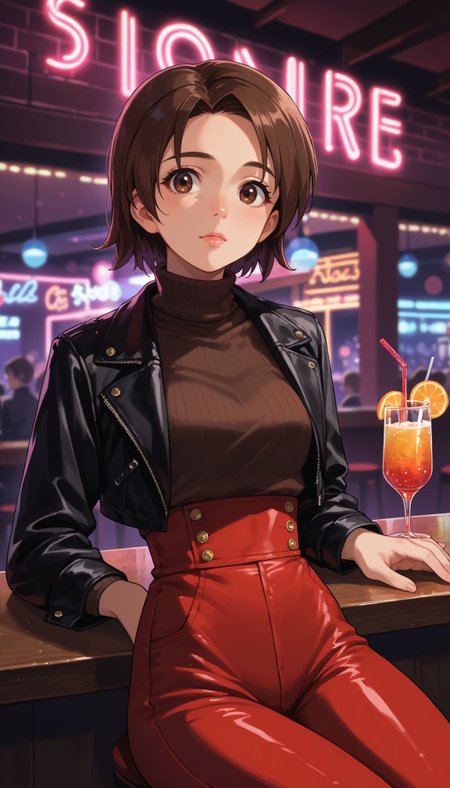 score_9, score_8_up, score_7_up, source_anime, 
 <lora:Sawa Azusa (girls und panzer):1> 1girl, sawa azusa, short hair, brown hair, parted bangs, brown eyes,  cowboy shot, nightclub, neon lights, bokeh, depth of field, makeup, leather jacket, turtleneck, high waist pants, sit, table, drink,