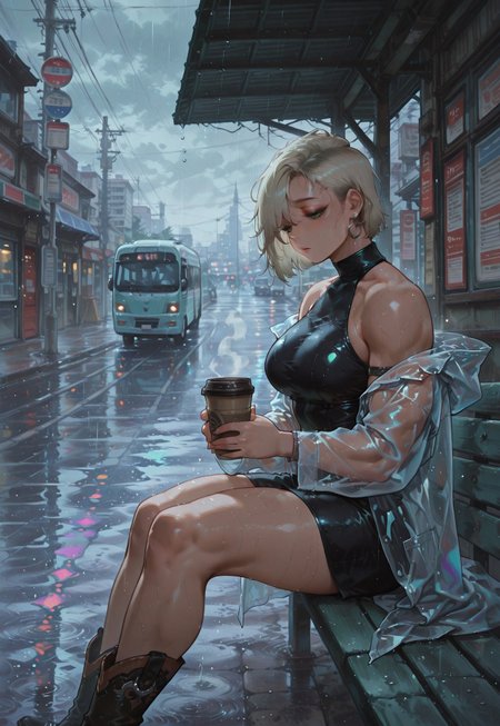 1girl, solo, detailed face, detailed eyes, green eyes, muscular female, platinum blonde hair, sidecut, angular features, sharp jawline, large breasts, thick muscular thighs, curvy, 
BREAK
black halterneck dress, short dress, sleeveless dress, clothing cutout, silver jewelry, silver armlet, silver earrings, silver nose ring, black footwear, cowboy boots, (see-through raincoat, iridescent open coat), 
BREAK
From side, sitting, on bench, at bus stop, holding one disposable cup with both hands, two-handed holding, steam rising from coffee cup, lidded eyes, sleepy,
BREAK
outdoors, bus stop, cozy atmosphere, dull grey sky, raining, city street, blurred taillights, convenience store glow, puddles reflecting neon, water droplets, detailed background,
BREAK
(absolutely eye-catching, fine texture, masterpiece, ultra-detailed, very awa, best quality, very aesthetic, absurdres, newest, volumetric lighting, scenery), m0gm_sty, hu99y, 7481llu, 
BREAK