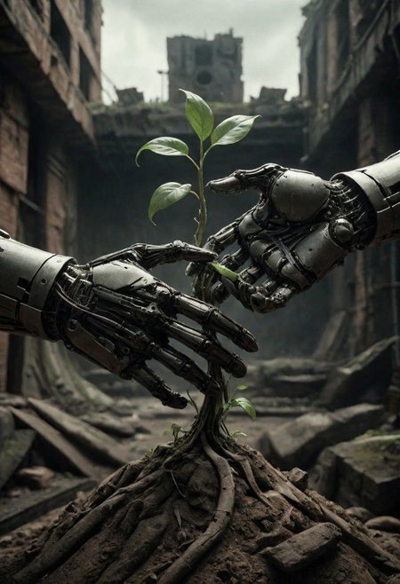 Capture the essence of a dystopian future in a close-up photograph featuring two cyborg or robotic hands cradling a mound of fresh earth with a vibrant green sprout, set against a backdrop of dark ruins. Explore the juxtaposition of technological beings nurturing the symbol of life in the midst of desolation.
very detailed, atmospheric haze, Film grain, cinematic film still, shallow depth of field, highly detailed, high budget, cinemascope, moody, epic, OverallDetail, gorgeous, 2000s vintage RAW photo, photorealistic, candid camera, color graded cinematic, eye catchlights, atmospheric lighting, skin pores, imperfections, natural, shallow dof