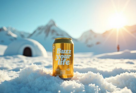 a cold beverage can in the middle of an icy plain with icy mountains in the background there is also a igloo in the back and a lot of sun, the sky is clear and  sunny, the beverage has a print that says “Buzz your life”, high definition, the can is golden, realistic, beautiful perfect, photorealistic
