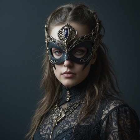 Fantasy Photoshoot, realism, studio photography, heavily retouched,
1girl, phantom mask, ultra-detailed swirling filigree patterns, faint ethereal glow, finely stitched embroidery, rich leather texture, deep shadows, cinematic lighting, handcrafted gothic aesthetic