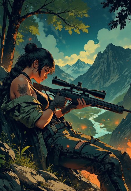 In the style of ff-td, nistyle, Silhouette Art, magnificent, crisp lines, closeup portrait of stunning mercenary, jungle, tropical, mountain top, overlooking a huge valley, beautiful girl, breasts, curvy, looking down scope, looking away from viewer, laying on the ground, laying ontop of jacket, aiming a sniper rifle, dark braided hair, backwards hat, armor, sleeveless, cutoff tanktop, holes ripped in pants, arm sleeve tattoos, muscle tone, dogtags, sweaty, foreshortening, depth of field, at night, night, tropical,
Closeup, detailed face, freckles,