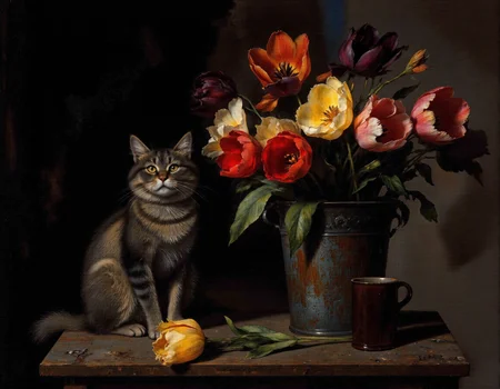 Rembrandt style This photograph captures a serene, rustic still life scene featuring a tabby cat as the central subject. The cat, with a mix of gray, black, and white fur, is sitting on a wooden surface that appears aged and weathered. Its eyes are wide open, giving it an alert and curious expression. The cat's body is positioned upright, with its front paws resting on the edge of the surface., 
To the right of the cat, there is a large, rustic metal container filled with vibrant tulips in various colors including red, yellow, pink, and purple. The tulips have large, open petals and are arranged in a natural, slightly messy way, adding a touch of organic beauty to the composition., 
In front of the container, there is a small, dark brown ceramic mug with a handle. A single tulip, similar to those in the container, lies on the wooden surface in front of the cat, adding to the natural, casual feel of the scene. The background is a dark, muted gray, which contrasts sharply with the vivid colors of the tulips, making them stand out prominently. The overall style of the photograph is realistic with a touch of artistic flair, emphasizing the textures and colors of the objects in a harmonious, visually appealing manner., <lora:chzcat:1> . Baroque, chiaroscuro, realistic, emotional, "flat lighting