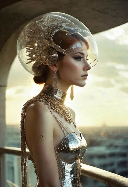 futurist, scifi, avant-garde, photo of a young irish woman, Princess Irulan; 18 year old, futuristic headdress, necklace, haunted expression, looking away to the side, outdoors, a balcony in Arrakeen, on planet Arrakis, sunset, dim light, natural lighting, Lunatic_Portrait