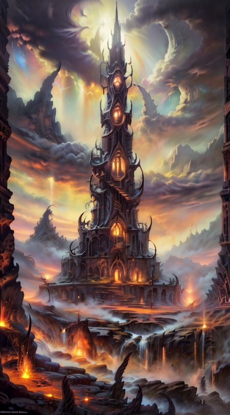 Masterwork Painting, Magnum Opus, 
HDR photo of 
Dreamscape, 
ethereal fantasy concept art of  
 <lora:Wizard_Tower-10:0.75> witow, castle, cloud, cloudy sky, grass, no humans, scenery, sky, tower, tree, 
 <lora:locon_conceptlightning_v1_from_v1_64_32:1> lghtnngprsn, lightning, storm 
<lora:Hell2_v1.0:0.8> demonic, creatures, fire, city, creepy, lava, volcano, castle,
. magnificent, celestial, ethereal, painterly, epic, majestic, magical, fantasy art, cover art, dreamy,
. Surreal, ethereal, dreamy, mysterious, fantasy, highly detailed,
. High dynamic range, vivid, rich details, clear shadows and highlights, realistic, intense, enhanced contrast, highly detailed,
  highres, 8k, uhd, High Dynamic Range, tonemapping, crisp details,  intricate details, fine details