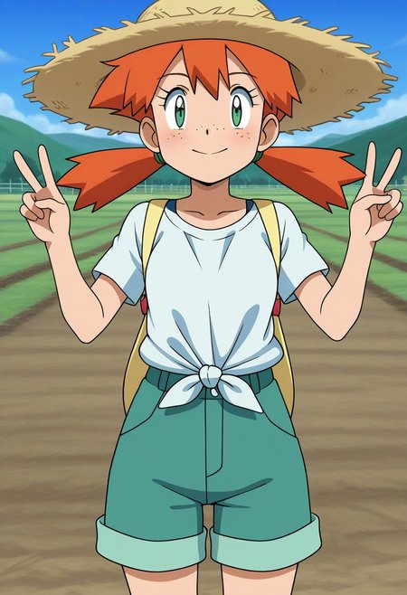 pokemon \(classic anime\), anime screencap, 
best quality, masterpiece, amazing quality, very aesthetic, absurdres, 
1girl, solo, orange hair, twintails, freckles, straw hat, tied shirt, peace sign, looking at viewer, outdoors, farm