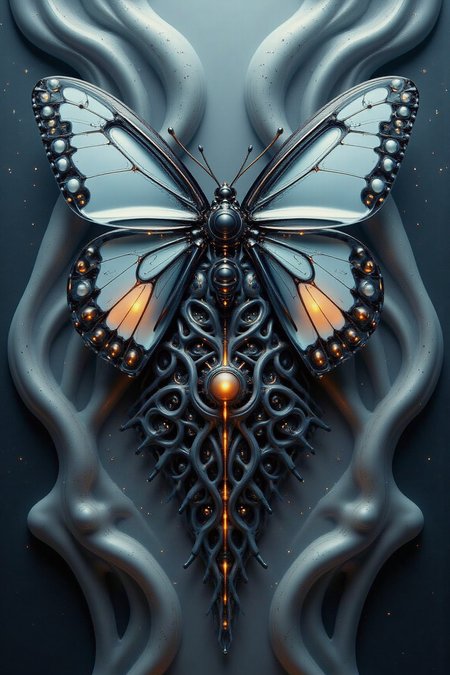 YFG-Ge0m, A hyper-detailed, biomechanical butterfly with wings that appear almost porcelain-like, transitioning from a pure, ghostly light blue at the center to inky black at the tips, adorned with fine, orange veins that glow faintly. The insectâs thorax and lower body morph into an intricate mass of elongated, sinewy tendrils resembling neural pathways or delicate roots, cascading downward into an abyss of darkness. The background consists of an ethereal, almost liquid expanse of swirling dark blue and gray textures, resembling flowing marble or organic tissue, infused with an enigmatic, glowing energy. The butterfly exudes an eerie yet mesmerizing presence, as if it is a celestial being suspended between worlds, both fragile and powerful in its surreal elegance.