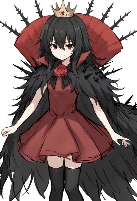 score_9, score_8_up, score_7_up, source_anime, <lora:Lorina bs2 xl pony:0.7>,  LorinaBS2, 1girl, solo, black hair, crown, dress, thighhighs, rose, flower, long hair, white background, red dress, simple background, looking at viewer, smile, cape, red flower, black thighhighs, red rose, fur cape, black eyes, thorns, sketch, hair between eyes, bow, zettai ryouiki, red eyes