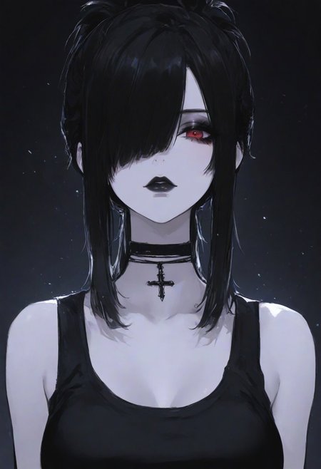 masterpiece, best quality, 1girl, solo, looking at viewer, black hair, jewelry, medium breasts, ponytail, sidelocks,   medium hair,  hair over one eye, red eyes, lips, black shirt,  makeup, black choker,  tank top,  lipstick,  eyeshadow, gothic, black lips,  dark theme, close up, particles,