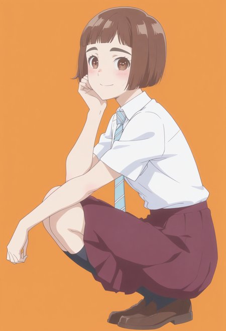anime screencap, anime coloring,  <lora:DX888KazusaIL:1> onodera kazusa, brown eyes, thick eyebrows, brown hair, short hair, bob cut, blunt bangs, BREAK simple background,  orange background,  BREAK school uniforme, white shirt, striped necktie, skirt, BREAK  1girl, blush, closed mouth, full body, hand on own face,  looking at viewer,  smile, solo, squatting, from side,