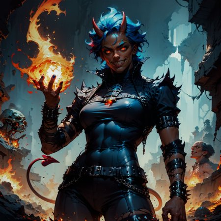 (score_9, score_8_up, score_7_up), masterpiece, , best quality, high quality, highres, cinematic shot, (hell, molten rock, vulcan, ), Panty & Stocking style, Thick lineart, sharp edges
BREAK
dutch angle, portrait, 1women, dark-skinned female, solo, short blue hair, smug grin demon, demon tail, demon horns, fireball, body on fire,
BREAK
magical body paint, gothic bodysuit,
<lora:Concept Art Twilight Style SDXL_LoRA_Pony Diffusion V6 XL:0.8> <lora:Bad_Hands_lora:0.8> <lora:add-detail-xl:0.8>   <lora:GN_v1.4:0.8>
