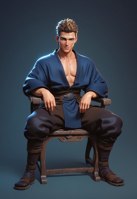 score_9,score_8_up,score_7_up,score_6_up, 1boy, boy,(handsome, cute) solo, blue eyes, blond hair, sitting on sci-fi chair, smug, very short hair,(muscular body:0.9)), Sci-fi Environments, Sci-fi chair, jedi robe, 1boy, male focus, full body, jedi robe, belt, brown clothes, robe, coat, 