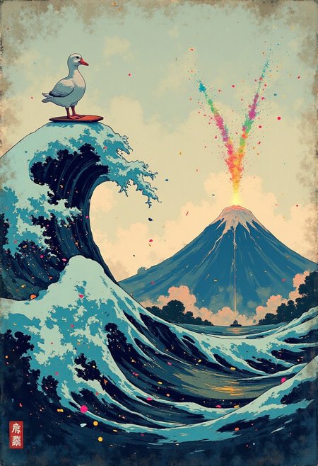 A striking digital artwork, styled after Hokusai’s The Great Wave off Kanagawa, reimagined with playful, surreal details. The iconic great wave curls high into the sky, its intricate foam transformed into patterns resembling colorful confetti. Atop the crest of the largest wave, a whimsical and pristine white duck confidently balances on a neon-colored surfboard, its vibrant hues of electric pink, lime green, and bright orange creating a stark contrast against the wave’s traditional cool blue and white palette.
In the background, Mount Fuji erupts spectacularly, spewing a rainbow-colored fountain of light and mist into the sky, adding a surreal and fantastical touch to the scene. 
hyper-realistic, ultra detailed, vibrant colors