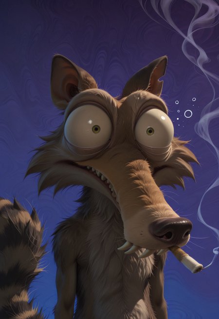 kftenhance, masterpiece, absurdres,1boy, Scrat, solo, long snout, bushy tail, striped tail, bulging eyes,  sleepy, bloodshot eyes, half-closed eyes, stoned, psychedelic background, marijuana, joint, smoking