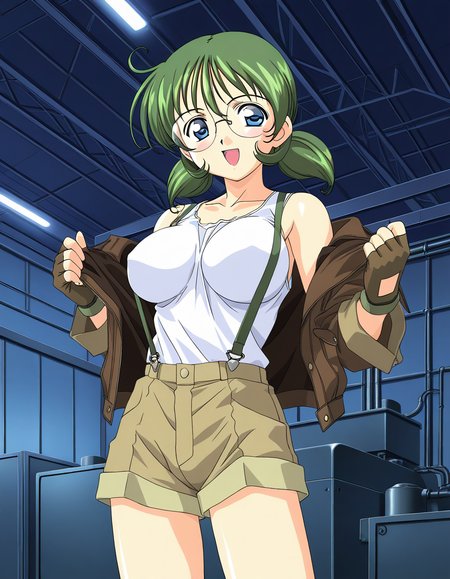 general,highres, ultra-detailed,very aesthetic,best quality ,best hands,  BREAK <lora:Sakurako_Spiral_NAMI_IS:1> 2000s \(style\),anime coloring,
Sakurako, solo, glasses, green hair, blue eyes, twintails, short hair, large breasts, gloves, shorts, fingerless gloves, tank top, 
brown jacket, suspenders, factory, happy, spanner,