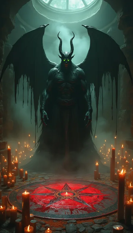 A master-level, highly detailed dark fantasy scene set in a dimly lit, ominous room. In the center of the room, a menacing black demon stands tall, with a glowing red, bloody pentagram magic circle beneath its feet. Black smoke with golden dust rises from the ground around the demon, swirling ominously. The pentagram is intricately drawn in dark red blood, and the floor around it is lined with countless flickering dark white candles of various lengths and thicknesses. The demon's glowing green eyes burn with intensity, and its sinister grin exudes a palpable sense of dread, amplifying the eerie atmosphere,