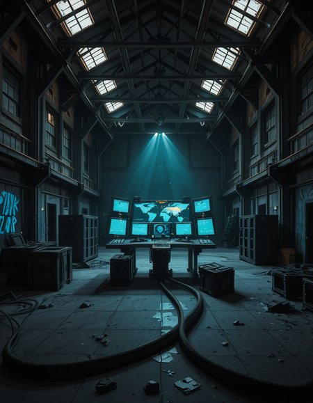 A dark, abandoned warehouse transformed into a villain's secret lair. The structure is massive and industrial, with rusted steel beams, shattered windows, and crumbling concrete walls covered in old graffiti. The floor is dusty and cracked, with scattered debris and oil stains. Dim red and blue lights glow from hidden sources, casting eerie, atmospheric shadows throughout the space. In the center, a high-tech command station glows with holographic maps, control panels, and futuristic computer screens. Advanced equipment, weapons racks, and strange scientific devices are neatly arranged on steel tables. Thick black cables snake across the floor and dangle from the ceiling. Makeshift metal dividers and reinforced crates create hidden zones for operations and storage. The setting is cinematic, mysterious, and tense, with dramatic lighting, high contrast between dark corners and glowing tech, and a realistic, moody art style â like a scene from a dystopian sci-fi thriller. No people or figures are present. 
<lora:SDXLFaeTastic2400:0.4> <lora:extremely_detailed:0.4> extremely detailed,villain secret l41r, <lora:villain_secret_l41r-i:1>, Masterpiece,best quality,hi res,8k,hi res,8k,award winning,(sharp focus, intricate, highly detailed),