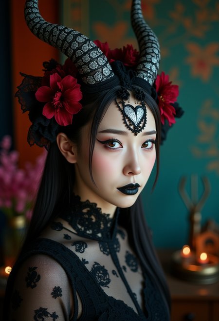 photo of a korean woman,A strikingly close up portrait of a beautiful young european woman is adorned with large, hazel eyes, slate grey horns with gold ornements that sweep majestically from her head, contrasting with her flawless, porcelain skin with intricate face tattoos. Her pointy ears add a mystical touch to her appearance, intricate black lace headdress,featuring circular floral patterns interwoven with red chrisanthemum. Her face is bold with dark dramatic, black eyeshadow, intricate embroidery black detailled makeup, black lips, highlighting her sharp features and giving her an intense, enchanting aura. She is wearing dark embroidery Gothic clothes. The scene is set in a magical, softly lit workshop filled with vibrant fabrics and mystical tools, reflecting her powerful and otherworldly presence. Bokeh, Rust teal background,anime art of girl/woman