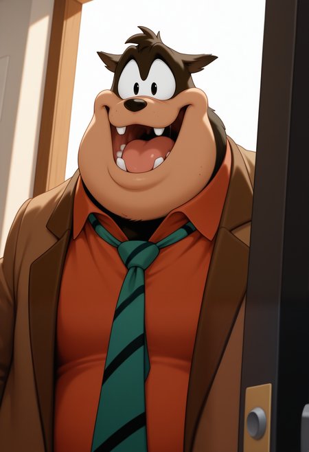 masterpiece,best quality,amazing quality, 1boy, solo, p3t3, furry male, brown jacket, tie, red collared shirt, close up, side angle, happy, walking through door, greeting,