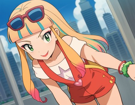 score_9, score_8_up, score_7_up, source_anime,
pokemonrisa, <lora:pokemon-risa-movie-ponyxl-lora-nochekaiser:1>,
risa, long hair, bangs, blonde hair, green eyes, multicolored hair, blunt bangs, makeup, lipstick,
shirt, jewelry, short sleeves, heart, bracelet, sunglasses, eyewear on head, overalls, overall shorts,
cityscape, street, bent over, smile,
looking at viewer, cowboy shot, solo, dutch angle,