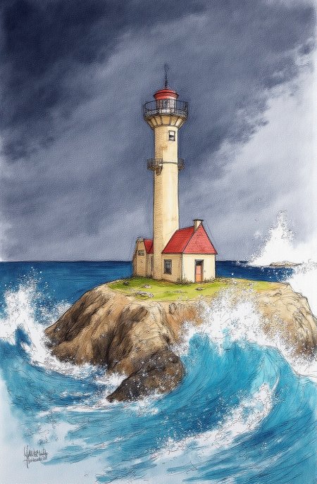 Sharp image of a rough sketch, rendered in vibrant multi colour ballpoint pen, capturing the adorable features of a portait of a lighthouse on a rocky island in the middle of the ocean. The lighthouse is a tall, beige-colored tower with a red roof and a small red building on top. The sky is dark and cloudy, and the ocean is turbulent with large waves crashing against the shore. The waves are white and foamy, creating a dramatic scene. The overall mood of the image is dramatic and dramatic.  p3nsk, <lora:p3nsk:1>