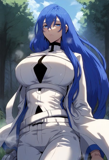 score_9, score_8_up, score_7_up, score_6_up, source_anime, rating_explicit, 1girl, solo, huge breasts, <lora:Freediya prefectPonyxl:1> blue hair, long hair, blue eyes, hair between eyes, turtleneck, white coat, white shirt, white belt, long sleeves, white pants, expressionless, Narrow shoulders, heavy breathing, steaming body, forest, outdoors, looking at viewer, (running:1.2)