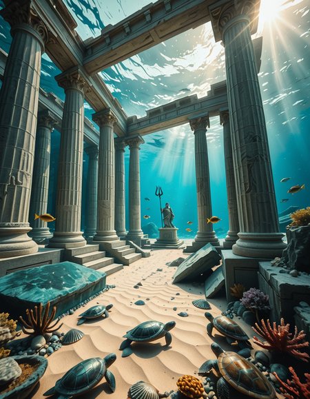 An ancient underwater Temple of Poseidon, partially buried in sand and coral at the bottom of the Aegean Sea. Massive marble columns, some broken, others still standing, encrusted with seashells and marine life. Soft sunlight filtering through the ocean surface above, casting shimmering rays over the temple ruins. Colorful fish and sea turtles swimming peacefully around. The atmosphere is mystical and serene, with a bluish-green hue dominating the scene. A statue of Poseidon with a trident stands at the center of the temple, covered in algae and marine growth. Realistic style, high detail, cinematic lighting, wide-angle view.
<lora:SDXLFaeTastic2400:0.4> <lora:extremely_detailed:0.4> extremely detailed,underwater Temple of P0s31d0n, <lora:underwater_Temple_of_P0s31d0n-i:1>, Masterpiece,best quality,hi res,8k,hi res,8k,award winning,(sharp focus, intricate, highly detailed),