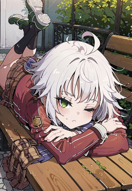 safe_pos, score_9, score_8_up, score_7_up,masterpiece, best quality, source_anime,anime screencap,Kakure_Eria,handfixer,
1girl,from above,
(lying on bench:1.4),(lying on her stomach:1.4),(head on her arms:1.2),
<lora:FieClaussellCS1:0.9>, Fie Claussell, white hair, medium hair, ahoge, green eyes, small breasts, petite, school uniform, red jacket, ribbon, plaid skirt, belt pouch, black socks, green shoes, cute, one eye closed, sleepy,

sunny,long bench,