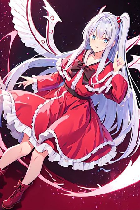 Shinki \(touhou\), light blue eyes, white hair, side ponytail, 1girl, hair bobbles, long hair, red dress, long sleeves, capelet, frilled capelet, boots, multiples wings, black bowtie