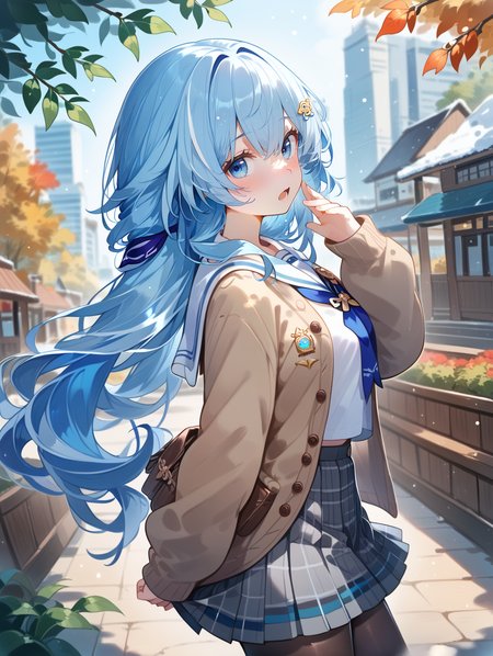 1girl, 
dynamic angle, depth of field, breasts, sleeves past wrists, medium breasts, long sleeves, serafuku, skirt, solo, looking at viewer, grey skirt, cardigan, blue hair, pantyhose, blurry background, plaid, shirt, open mouth, white sailor collar, very long hair, plaid skirt, brown cardigan, sailor collar, looking to the side, blurry, grey shirt, from side, long hair, outdoors, snowing, blue eyes, open clothes, pleated skirt, hand up, blush, black pantyhose, day, hair ornament,
A young girl with long white hair and blue eyes. she is wearing a brown jacket with a fur collar and a plaid skirt. her hair is styled in a half-up, half-down style with bangs that fall over her shoulders. she has a small bow on her head and is looking off to the side with a peaceful expression on her face. the background is blurred, but it appears to be an outdoor setting with trees and buildings. the overall mood of the image is calm and serene.
score_9, score_8_up, score_7_up, source_anime
 <lora:style018:1.0>