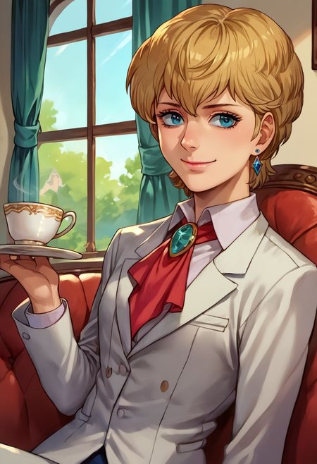 score_9, score_8_up, score_7_up, source_anime,
, (best quality) , (highly detailed) ,masterpiece ,absurdres ,detailed face ,beautiful face ,
<lora:pony_xl_Hildegard:0.8>,Hildegard,score_9,score_8_up,1girl,female,kawaii,solo,short ,feminine, hair,earrings,suit,white collared shirt,ascot,brooch,upper_body,looking_at_viewer,smile,closed mouth,sitting,couch,table,window_,curtains,stretching your spine,cup,teacup,saucer,parody,
OverallDetail