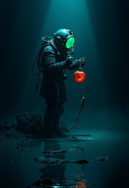 masterpiece, best quality, very aesthetic, absurdres, painterly, brush strokes, black  theme,Glitch, Koft blend of creamy blue and charcoal black, black background, ,  nglerfish, antique diver's helmet, deep ocean, glowing lure, eerie lighting, bioluminescent glow, dark water, surreal, reflective surface, horror underwater scene