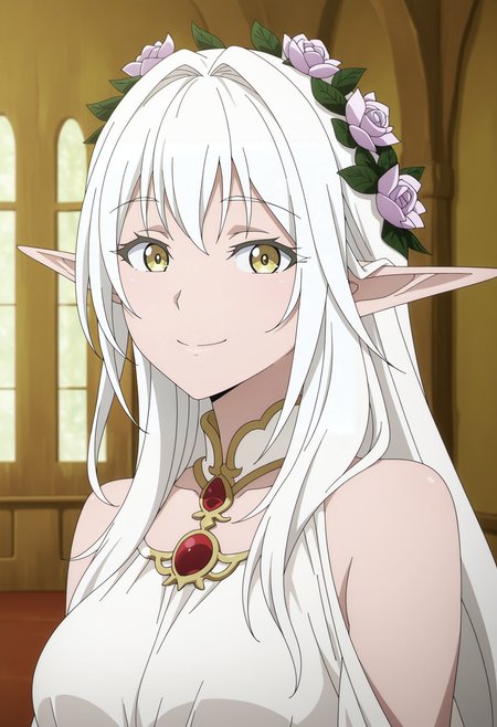 1girl,solo,mm,mature female,long hair,pointy ears,elf,hair ornament,hair flower,white hair,yellow eyes,anime coloring,
white dress,bare shoulders,head wreath,upper body, looking at viewer, smile,indoors
,masterpiece,best quality,amazing quality,<lora:Kakan_no_Morihime-Goblin_Slayer:0.8>