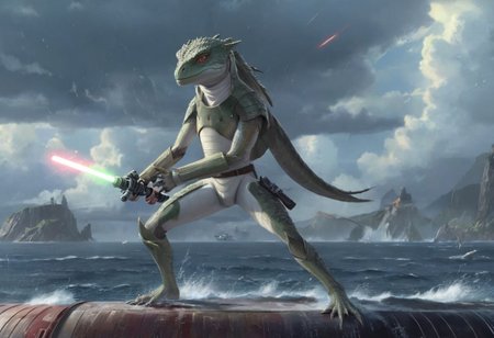 a (solo:1.5) black white lizard with (star wars armor:1.5)  sword on belt  (cockpit instruments view:1.5) inside star-wars style spaceship over (ocean:0.5) (waves:0.5), in the middle of sea, many meteors,
dawn, heavy rain, wind, windy, typhoon, hurricane, tropical storm, fog, mountain, sky, cloud, deluge, rainforest, 
(anime:1.5) , anime screencap in mnst artstyle, full body character portrait landscape