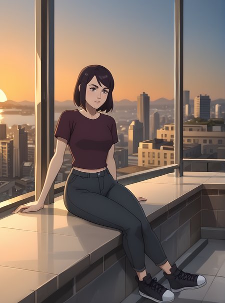 <lora:maddiekpxl:1>, maddiekpxl ,1girl, sitting on ledge of building, sunset, cartoon,