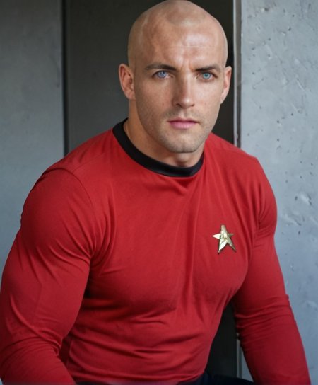 1boy, 20 year old male, Handsome, masculine, blonde, star trek, red shirt, muscle,  tall, tight shirt, wide pectorals, big shoulders, wide shoulders, muscular neck, German, bald, big pale blue eyes, abs, biceps,

stunf, star trek uniform,