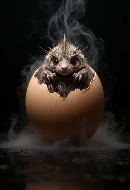 a broken egg, from which emerges an adorable little furry creature, mist, pack shot, dramatic light, dark background with reflections, g1g3r by giger,