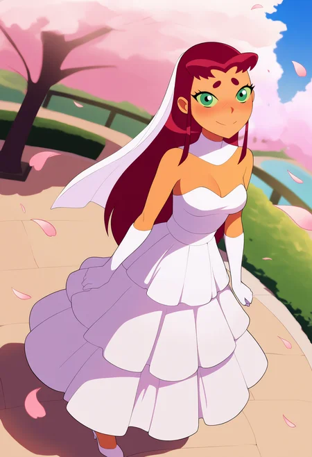 masterpiece, best quality, very aesthetic, absurdres,
1girl, starfire, red hair, long hair, green eyes, orange skin,
white high heels, strapless wedding dress, looking at viewer, blush, smile, petals, cherry trees, solo, japanese park background,   <lora:StarfireTTNoobXL_byKonan:1>