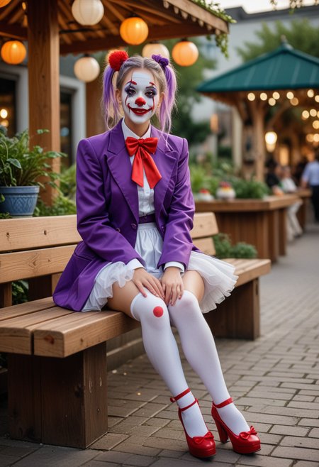 (medium full shot) of  (sexy clown) young woman, red plastic nose, white face paint, hair in braids,  wearing a purple  oversized colorful blazer,tutu skirt,platform shoes, oversized bow tie, colorful eyeshadow, set in  Seating Area, Relaxed space with wooden benches arranged around a central fountain, decorative lanterns casting a soft glow in the evening, potted plants adding a touch of greenery, a canopy providing shade on sunny days, a trash bin discreetly placed for convenience, woman laughing, arms crossed, Masterpiece,best quality, photo, realistic, very aesthetic, detailed face,
