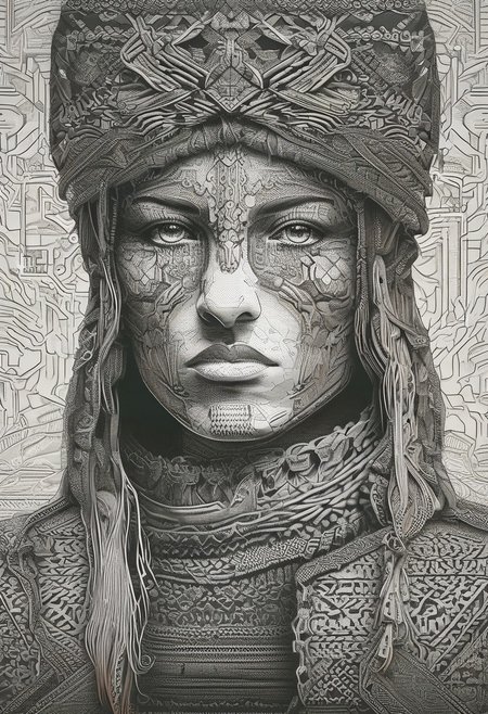 in the style of ck-mgs, nistyle, closeup portrait of barbarian amazon woman, female assassin, in leather armour, dark cloak, in an ancient fantasy village, silhouetted, chiascuro, dynamic, one side of her face illuminated, direct gaze