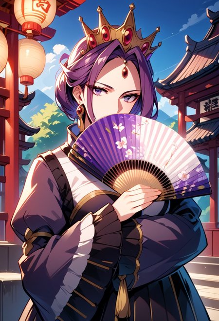 score_9,score_8_up,score_7_up,source_anime, Mirellia Q Melromarc,1girl,solo,dress,holding,jewelry,purple eyes,purple hair,earrings,puffy sleeves,parody,crown,hand fan,covering mouth,folding fan,