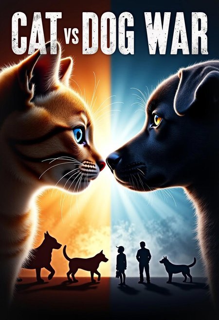 Movie poster for 'Cat vs Dog War'. Close-up of a cat and dog facing each other, their eyes locked in an intense stare. Anthropomorphized features, showing emotions of rivalry and determination. Dramatic lighting emphasizes the contrast between them. Background split into two halves: one side represents feline world, the other canine world, with silhouettes of their respective allies. Bold title 'CAT VS DOG WAR' across the top in a cracked, battle-worn font. Hyper-realistic style with vibrant colors.