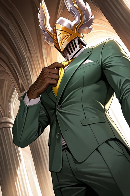 realistic shading, dimlighting, dramatic lighting, helmetted black-skinned male focus, argusld, grey-yellow_argusld_winged helmet, 1helmetted male, pokemon (creature), covered eyes, yellow fingernails, arm veins, formal cosplay, green suit, adjusting necktie, glowing, shadow, day indoors, pillar, foreshortening, dutch angle, dynamic angle, dynamic action, intricately detailed illustration, cinematic, depth of field, atmospheric perspective, masterpiece, best quality, amazing quality, very aesthetic, absurdres, newest