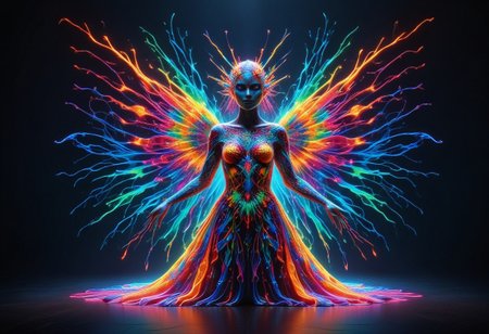 a full body fire entity with multicolored flames, professional photography of an fantastical warrior princess entirely made of cyberflies with whimsical elements, swirling magic, eerie fairytale landscape, elaborate fantasy style art, very colorful, intricate details, ultra sharp, exquisite detail, flawless composition, vivid colors, masterpiece, exciting background, TAS, TASvisuals, Psychedelic , Rave, Elaborate , Blacklight , Vibrant , cyberflies, black light paint, blp, Colorful Chaos Cracks and Drops, mad-glowtiedye, made out of,colorful,liquid,Murano Art Glass