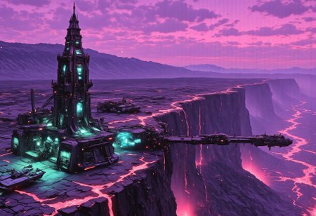 OBxiaoxiang, CAICO, inksketch purple and gray theme, Abstract digital painting in the style of ck-js, detailed photorealistic image, a sci-fi Piratebase of colossal buildings and towers in a barren lavender lush landscape, looking like an Pirate Outpost perched at the Cliff, of a volcanic cliff, its sleek towers a stark contrast to the cliffs surrounding it. The planet’s sun casts a vivid, cyan surreal light across the station, while deep fissures reveal glowing rivers of molten pink lava far below. The sky is a surreal shade of black and purple, dark glowing diodes and lights ((dark glowing diodes, lights and neon signs), Reaper Syndicate written on the neon signs), attached to the building is a landing field with 3  Spaceships landed on it, Dragonkin like creatures are around fixing some spaceships, two moons hanging low in the horizon, each reflecting light off the surface, large depth of field. The sky is a dark pink, with 2 broken moons hanging low in the horizon <lora:more_details>
realistic, detailed background, shaded, detailed, hi res, realistic, photography \(artwork\), (by kenket), by ross tran, by michael & inessa garmash, by pino daeni, by isvoc, by kiguri, by alena aenami, by ruan jia, (by zenthetiger, by wolfy-nail), by Enki Bilal, by drmax, photorealism, <lora:add_detail:1.3