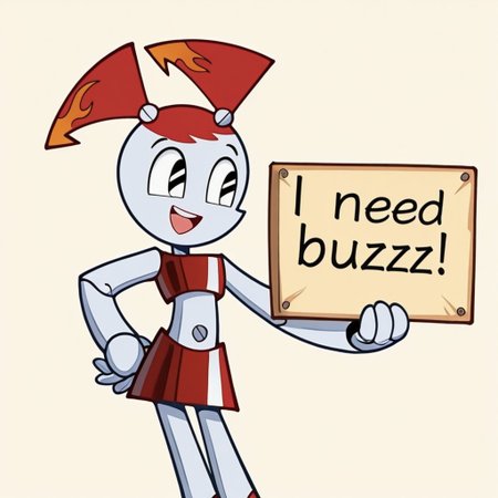 masterpiece, need_buzz, holding sign, hot rod jenny, jenny wakeman, 1girl, solo, robot joints, twintails, red hair, black eyes, red tube top, red skirt, orange flame accents, smile, open mouth, simple background